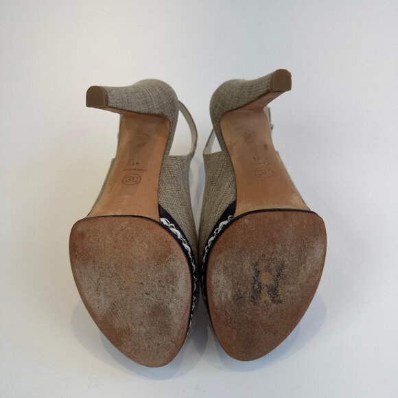 Chanel Beige Canvas and Black Leather Peep Toe Platform Slingbacks, Size 41 - Picture 10 of 14